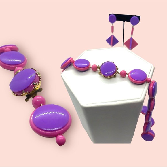Retro Necklace & Earrings Pink & Purple Jewelry Set - Picture 9 of 11